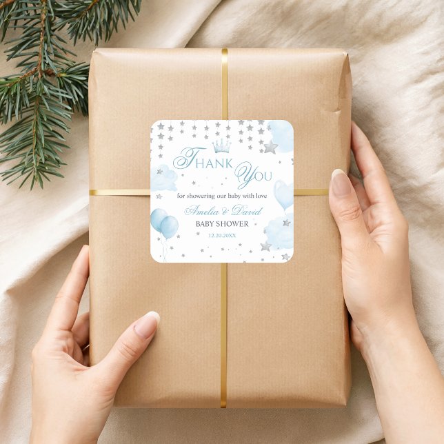 Pegatina Cuadrada Glitter Stars Baby Shower Thank You Light Blue (Subido por el creador)