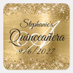 Pegatina Cuadrada Glitter y Hoja de Oro Falso Quinceañera