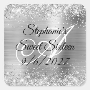 Pegatina Cuadrada Glitter y Hoja de Plata Falsa Sweet Sixteen