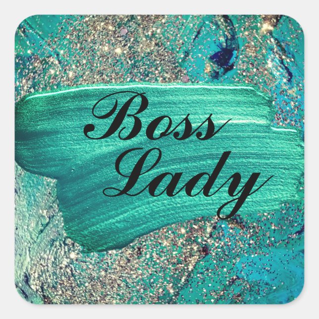 Pegatina Cuadrada Glittery Aqua Paint Strokes Boss Lady   (Anverso)