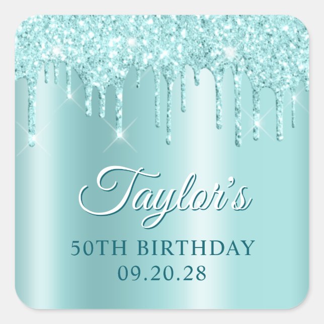 Pegatina Cuadrada Glittery Drips Light Turquoise Ombre Drop Shadow (Anverso)
