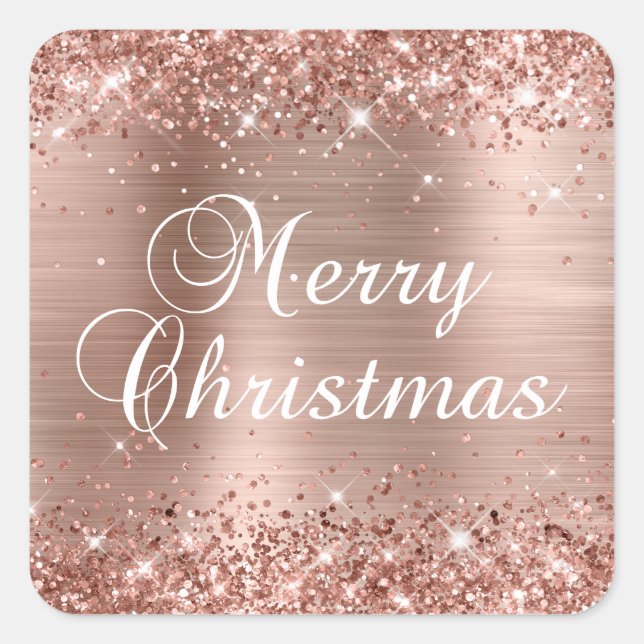 Pegatina Cuadrada Glittery Rose Gold Foil Feliz Navidad (Anverso)