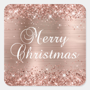 Pegatina Cuadrada Glittery Rose Gold Foil Feliz Navidad