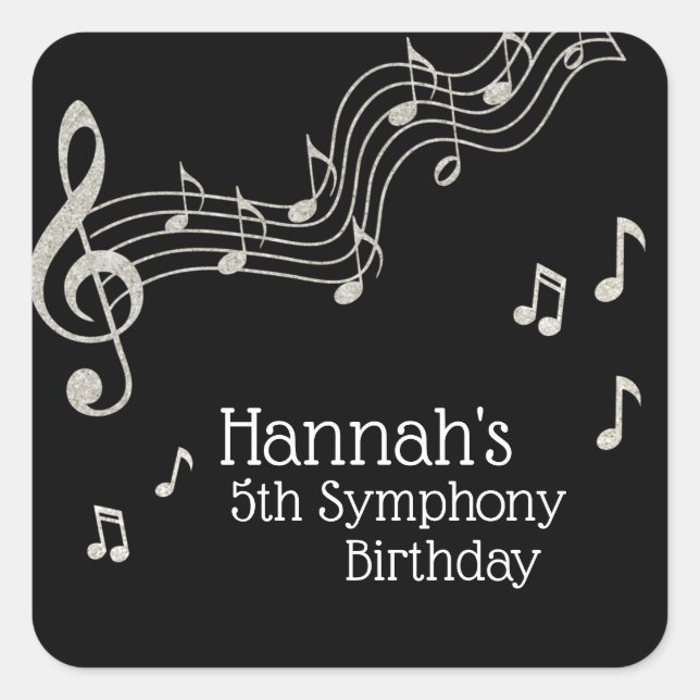 Pegatina Cuadrada Glitzy Black & White Musical Notes Birday (Anverso)