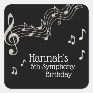 Pegatina Cuadrada Glitzy Black & White Musical Notes Birday