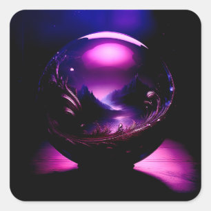 Pegatina Cuadrada Globe transparente morado con paisaje montañoso