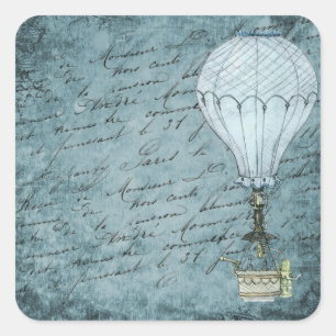Pegatina Cuadrada Globo Aerostático Steampunk Crepúsculo Azul Letra 