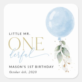 Pegatina Cuadrada Globo azul, eucalipto, vegetación, primer cumpleañ