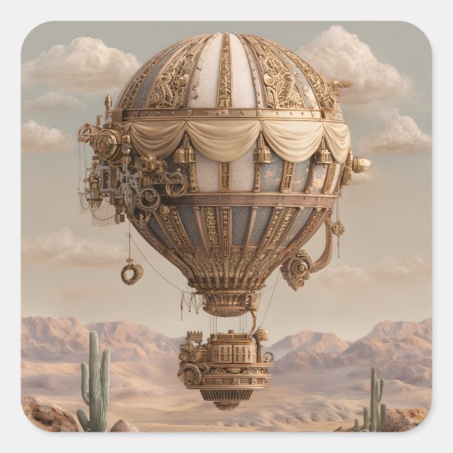 Pegatina Cuadrada Globo de aire caliente de Steampunk (Anverso)