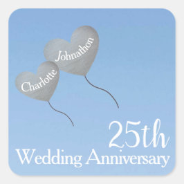 Pegatina Cuadrada Globo de corazón de plata para el 25 aniversario d