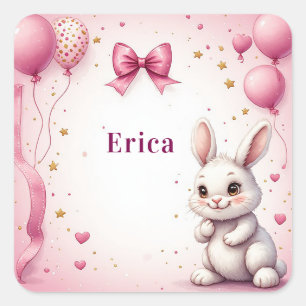 Pegatina Cuadrada Globo de cumpleaños de conejito rosa 🐰