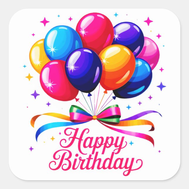 Pegatina Cuadrada Globo de Feliz Cumpleaños (Anverso)