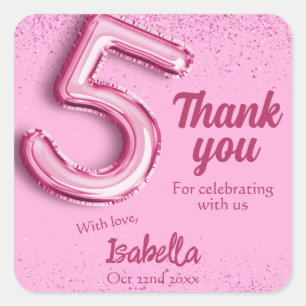 Pegatina Cuadrada Globo rosa con purpurina adorable núm. 5 cumpleaño