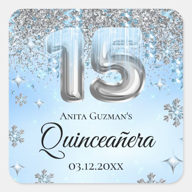 Pegatina Cuadrada Globos Blue Winter Wonderland Quinceanera (Anverso)
