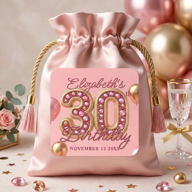 Pegatina Cuadrada Globos con joyas de oro rosa para 30 cumpleaños gl (Subido por el creador)