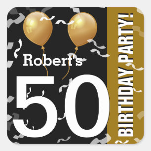 Pegatina Cuadrada Globos Confetti 50 cumpleaños ORO NEGRO K96Z