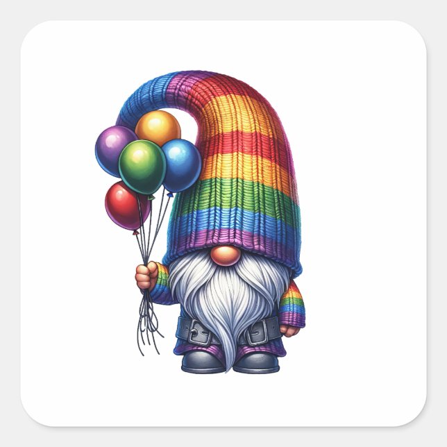 Pegatina Cuadrada Globos Cute Gnome (Anverso)