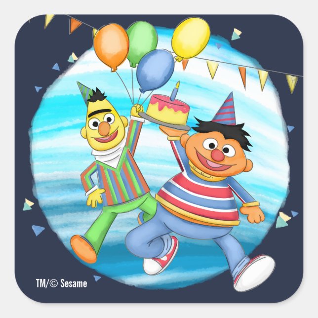 Pegatina Cuadrada Globos de Bert y Ernie Birthday (Anverso)