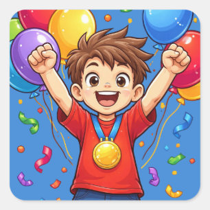 Pegatina Cuadrada Globos de celebración del campeón infantil Confeti