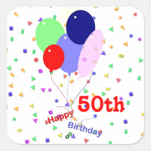 Pegatina Cuadrada Globos de cumpleaños 50 felices y coloridos