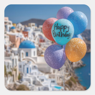Pegatina Cuadrada Globos de cumpleaños felices en Santorini, Grecia