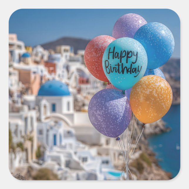 Pegatina Cuadrada Globos de cumpleaños felices en Santorini, Grecia (Anverso)