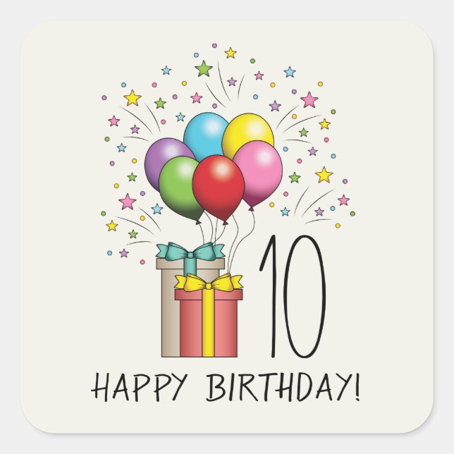 Pegatina Cuadrada Globos De Cumpleaños Y Presenta Con Edad Y Texto (Anverso)