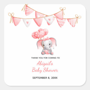 Pegatina Cuadrada Globos de elefante rosa para baby shower
