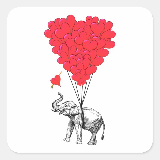 Pegatina Cuadrada Globos de elefante y corazón rojo (Anverso)