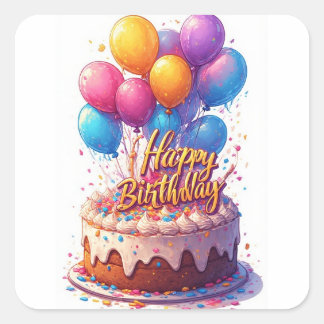 Pegatina Cuadrada Globos de Feliz Cumpleaños