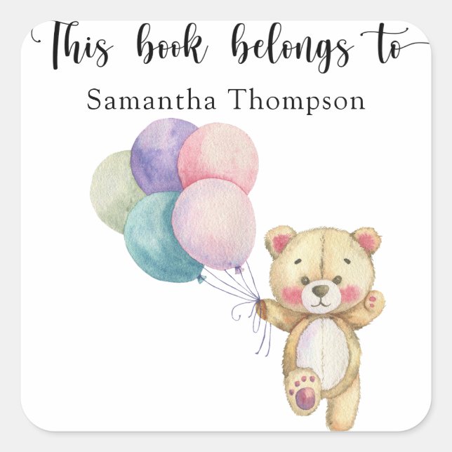 Pegatina Cuadrada Globos de osito de peluche - este libro pertenece  (Anverso)
