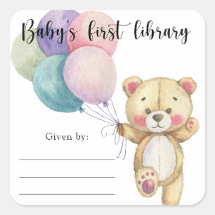 Pegatina Cuadrada Globos de osito de peluche - primera biblioteca de