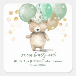 Pegatina Cuadrada Globos de osito de peluche verde dorado para baby