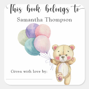 Pegatina Cuadrada Globos de oso de peluche - este libro pertenece a