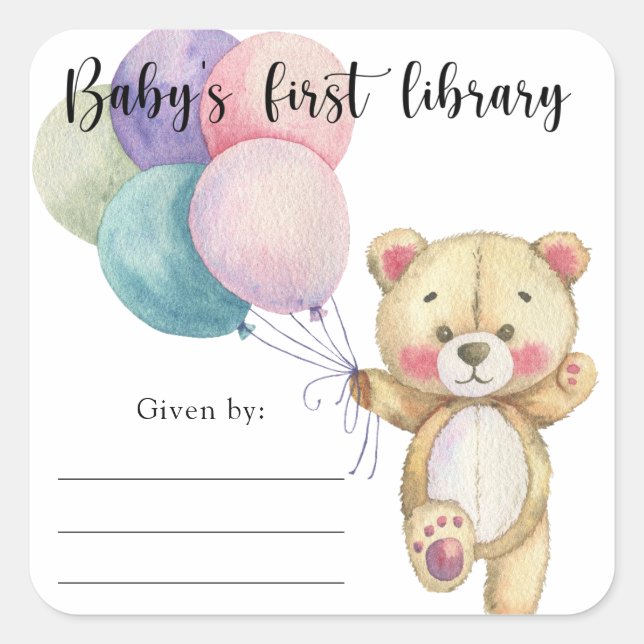 Pegatina Cuadrada Globos de oso de peluche - primera biblioteca del  (Anverso)