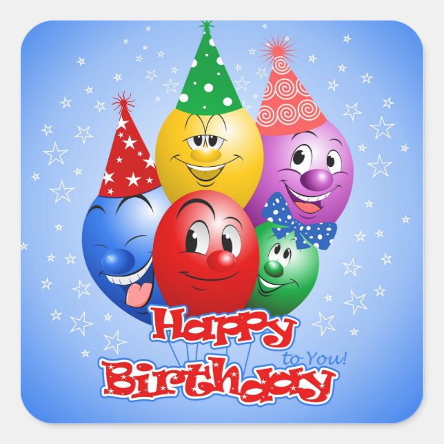 Pegatina Cuadrada Globos divertidos de cumpleaños, (Anverso)