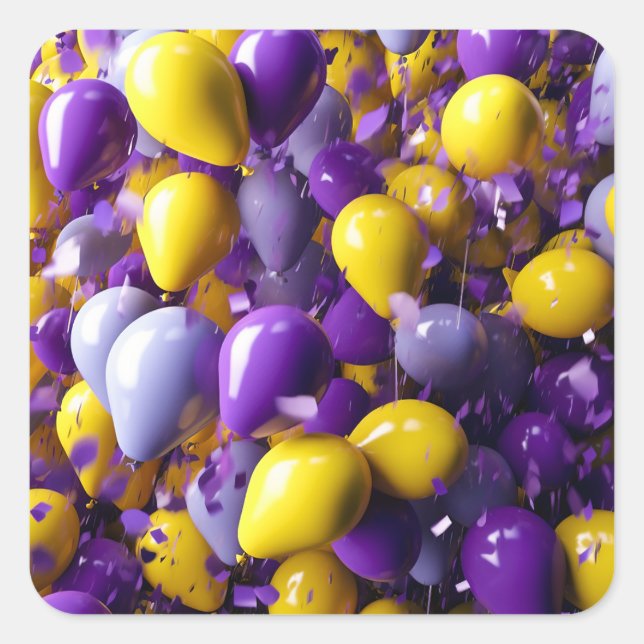 Pegatina Cuadrada Globos morados y amarillos (Anverso)