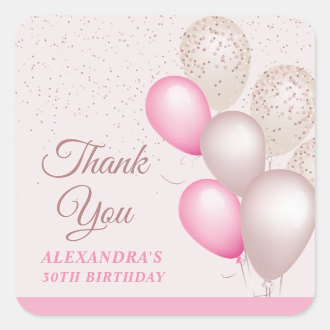 Pegatina Cuadrada Globos Rosa Beige Chic Cumpleaños Gracias (Anverso)