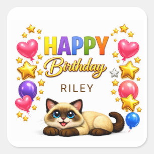 Pegatina Cuadrada Globos y Estrellas de Gato Siamés Feliz Cumpleaños