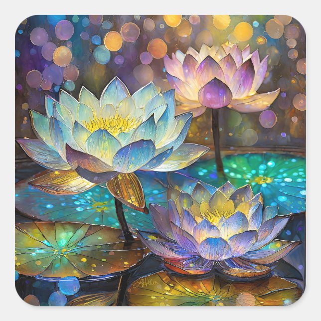 Pegatina Cuadrada Glowing Lotus Flowers Trio (Anverso)