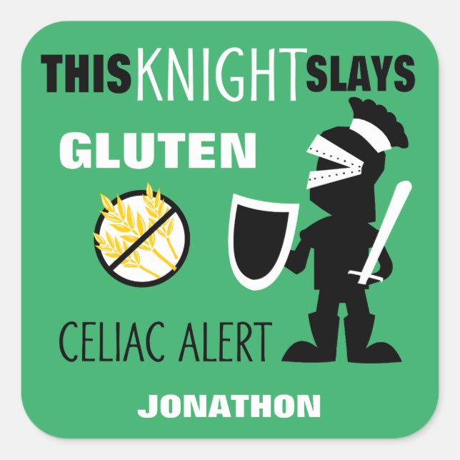 Pegatina Cuadrada Gluten Free Celiac Alert Green Knight Kids (Anverso)