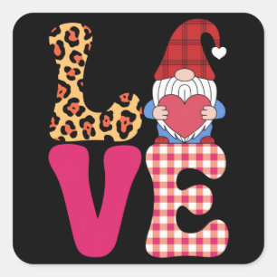 Pegatina Cuadrada Gnome Amor Día de San Valentín Plaid Búfalo Rojo L