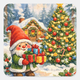 Pegatina Cuadrada Gnome de acuarela y árbol de Navidad