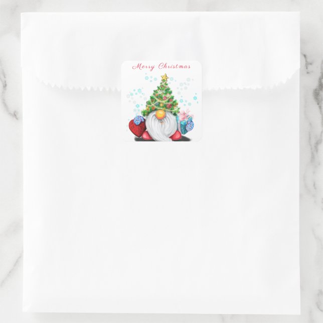 Pegatina Cuadrada Gnome de navidad elegante con regalos (Bolso)