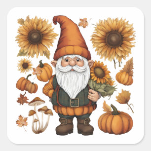 Pegatina Cuadrada Gnome de otoño con calabazas y girasoles