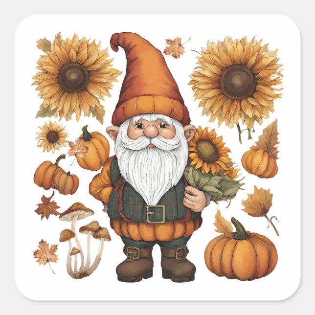 Pegatina Cuadrada Gnome de otoño con calabazas y girasoles (Anverso)