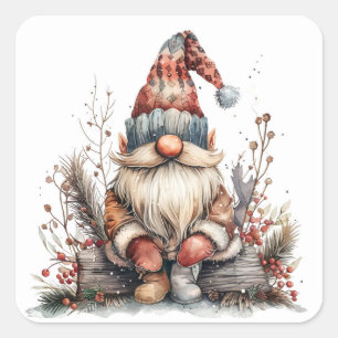 Pegatina Cuadrada Gnome escandinavo sentado en un registro