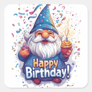 Pegatina Cuadrada Gnome Feliz Cumpleaños: Diseño de Cumpleaños Britá
