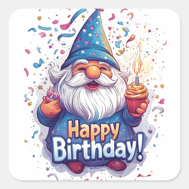 Pegatina Cuadrada Gnome Feliz Cumpleaños: Diseño de Cumpleaños Britá (Anverso)