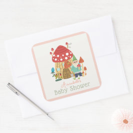 Pegatina Cuadrada Gnome Garden Mushroom Chica rosa Baby Shower